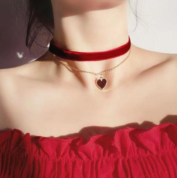 Layered Pendant Necklace Aesthetic - 로맨틱 더블 레이어 초커 목걸이 레드